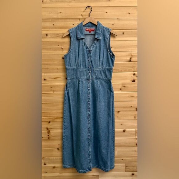 Vintage Casablanca Size Medium Denim Button Front Collared Sleeveless Maxi Dress - Picture 1 of 13